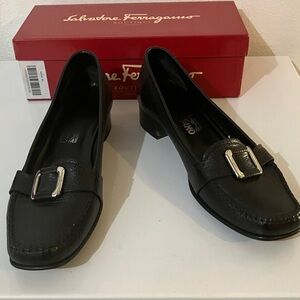 Salvatore Ferragamo Black Loafers with Silver Buckle